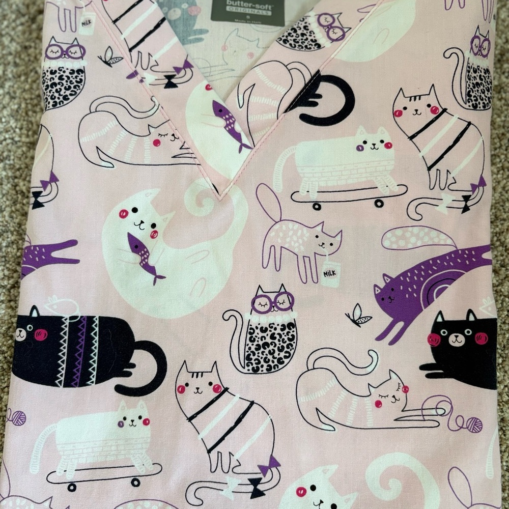 Cat Print Women's Scrub Top
